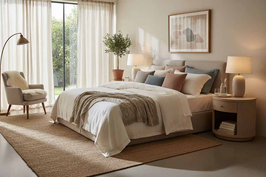 Slaapkamer collectie met dekens en producten voor extra comfort